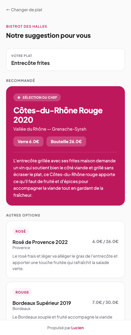 Capture réelle de la recommandation Lucien sur mobile